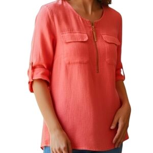 Cotton Linen Half Sleeve Tunic w Pockets in Salmon w Gold Tone Zipper & Tassel M